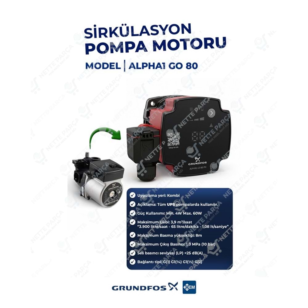 Grundfos Alpha1 GO 80 Pompa Motoru (UPS Uyumlu) | Nette Parça