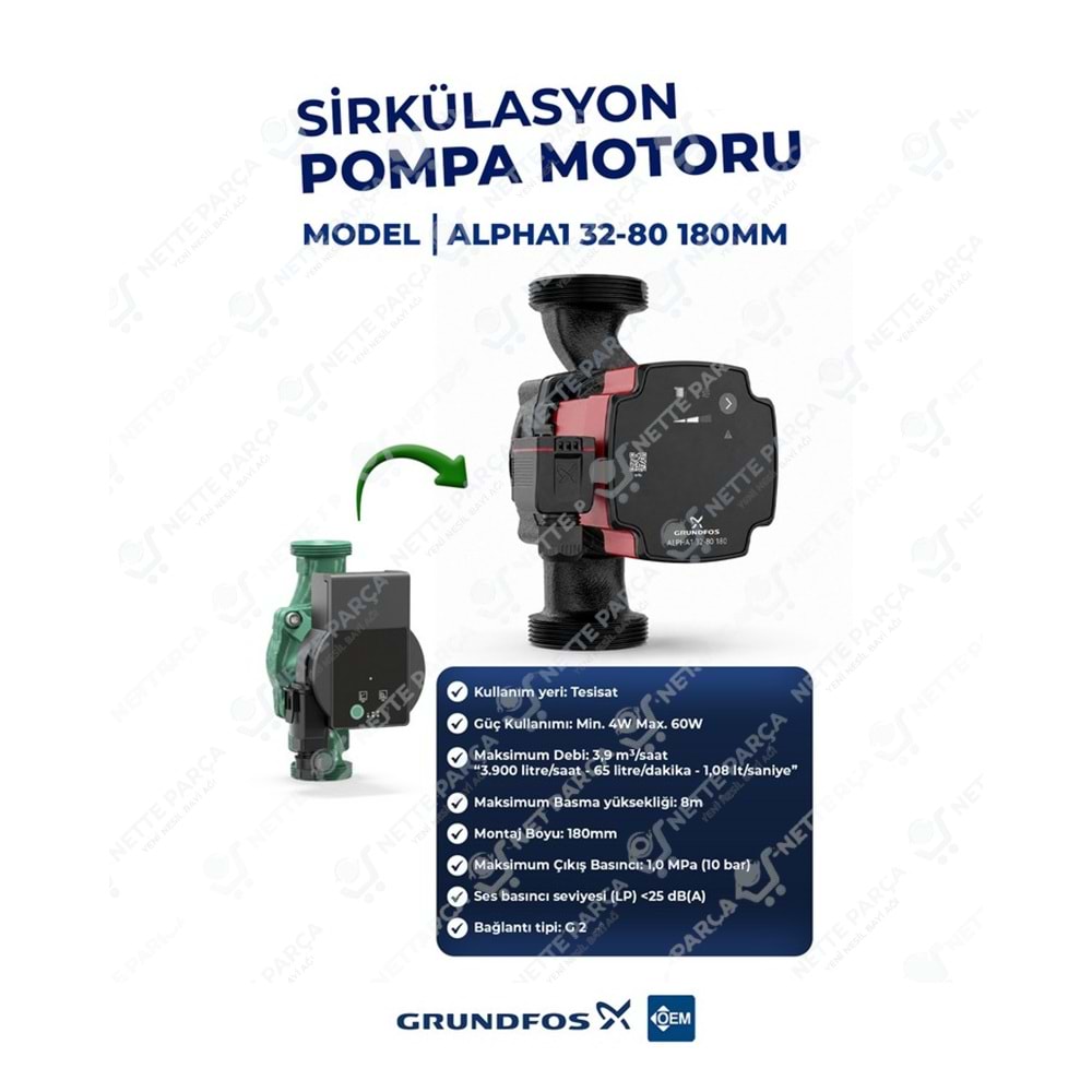 Grundfos Alpha1 32-80 180mm Pompa | Nette Parça