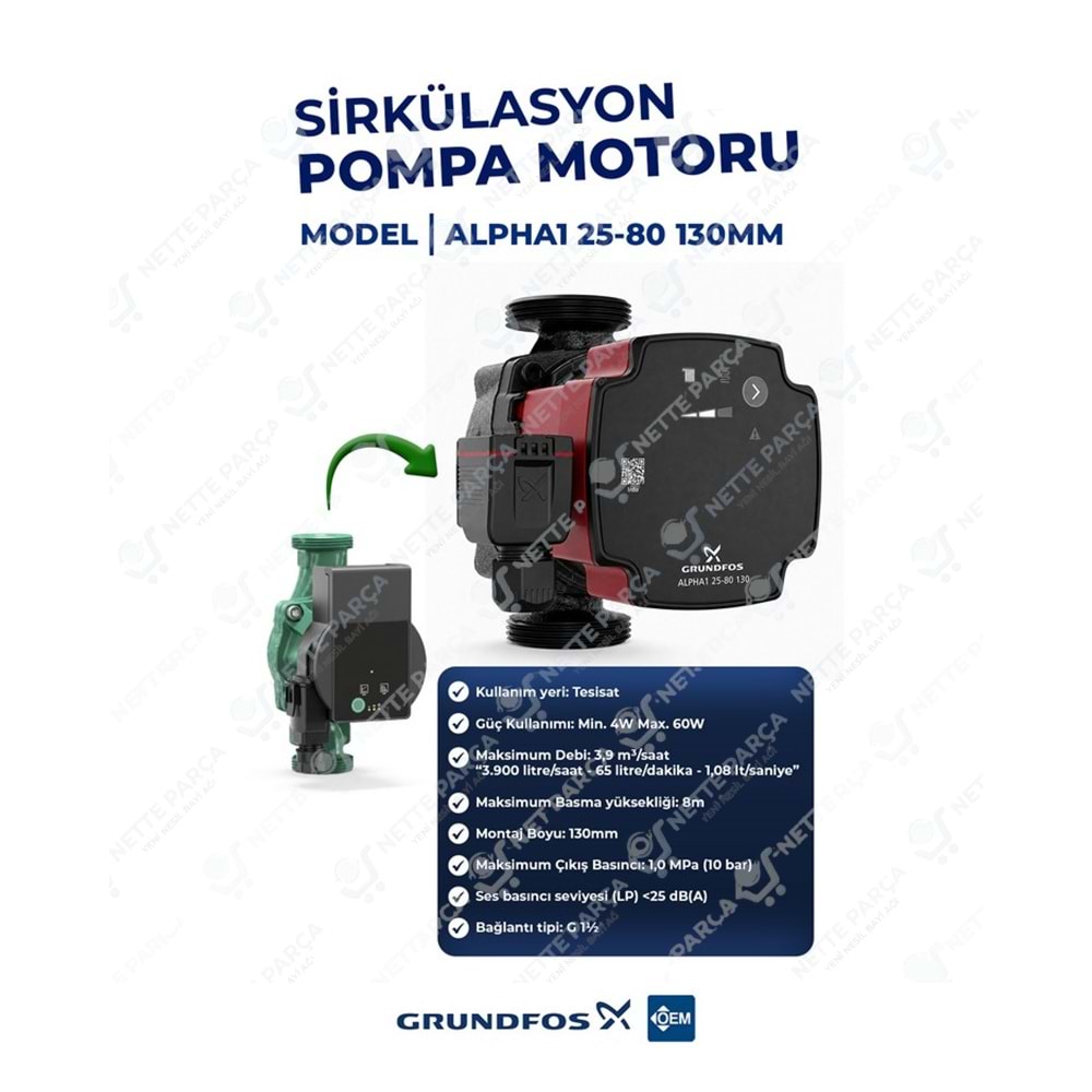 Grundfos Alpha1 25-80 Frekans Kontrollü Sirkülasyon Pompası | Nette Parça